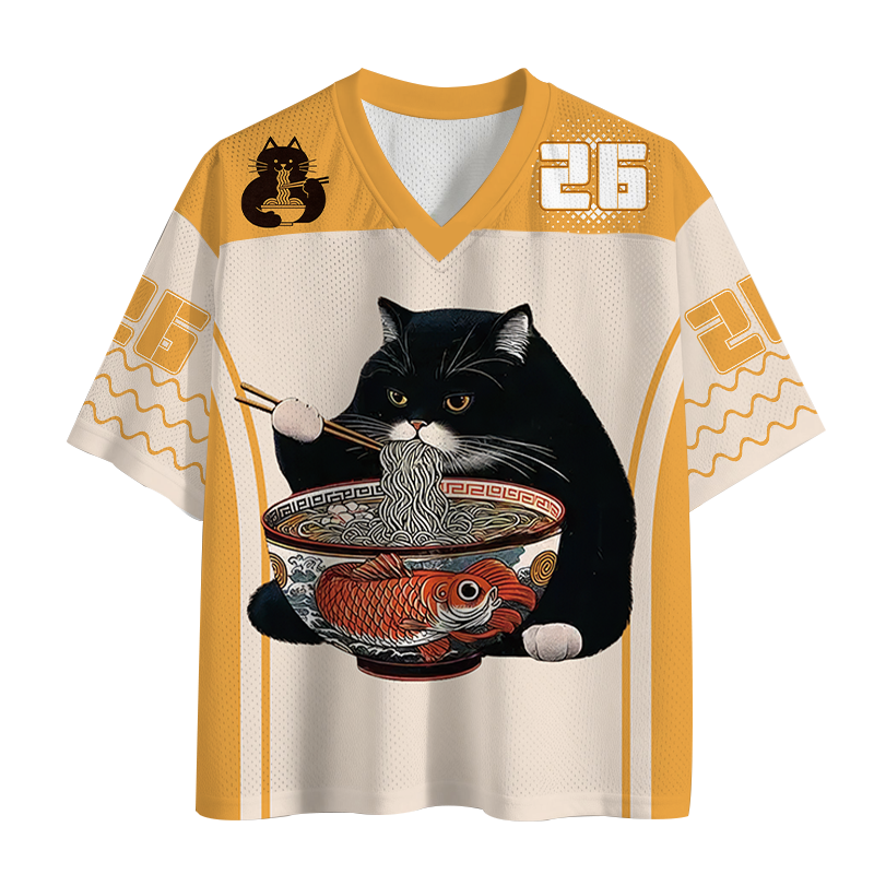 Modecanvas Fat Cat Eating Ramen Mesh Jersey-modecanvas