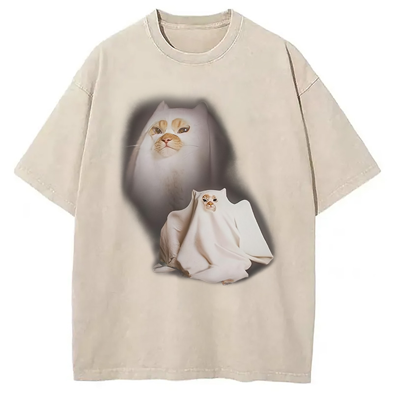 Modecanvas Ghost Cat Meme DTG Printing Washed T-Shirt-modecanvas