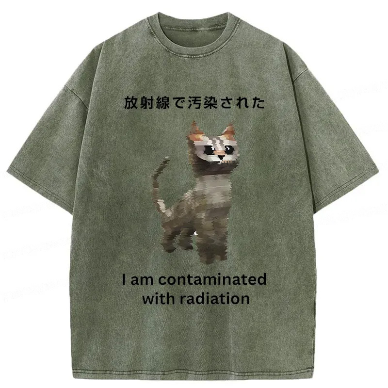 Modecanvas Irradiated Cat Funny Washed T-Shirt