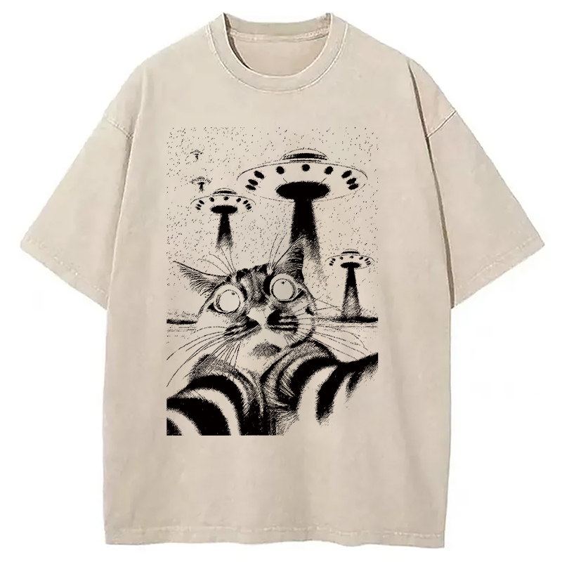 Modecanvas Alien Come For Cat DTG Printing Washed T-Shirt-modecanvas
