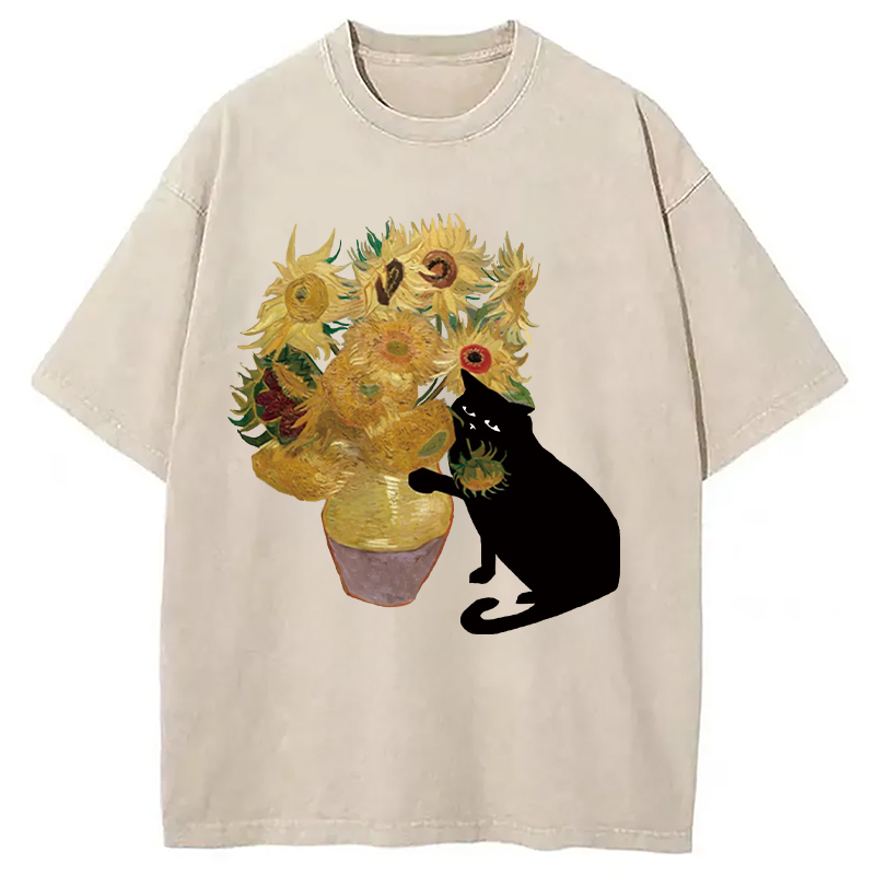 Modecanvas Cat Stealing Flowers Washed T-Shirt