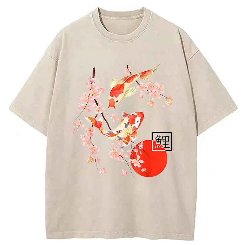 Modecanvas Cherry Blossom Koi Carp Fish Japanese Sakura Washed T-Shirt