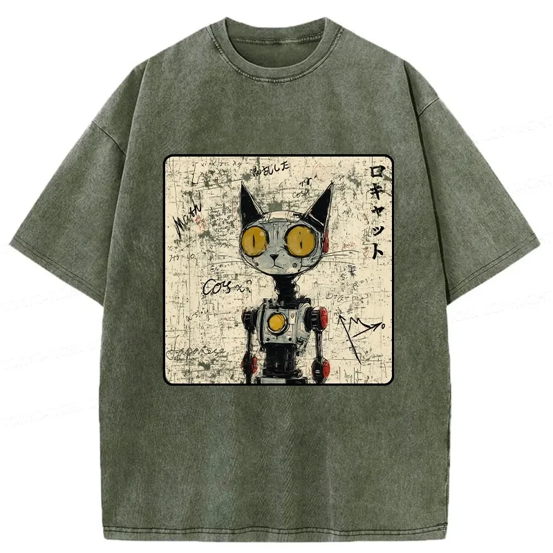 Modecanvas Robot Cat Washed T-Shirt