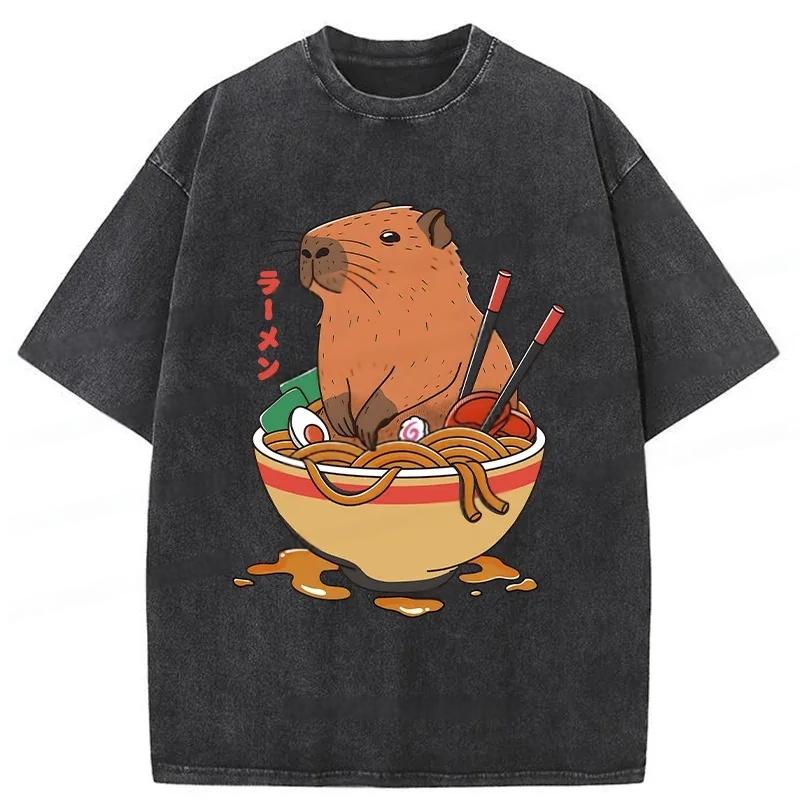 Modecanvas Capybara Ramen Funny Washed T-Shirt-modecanvas