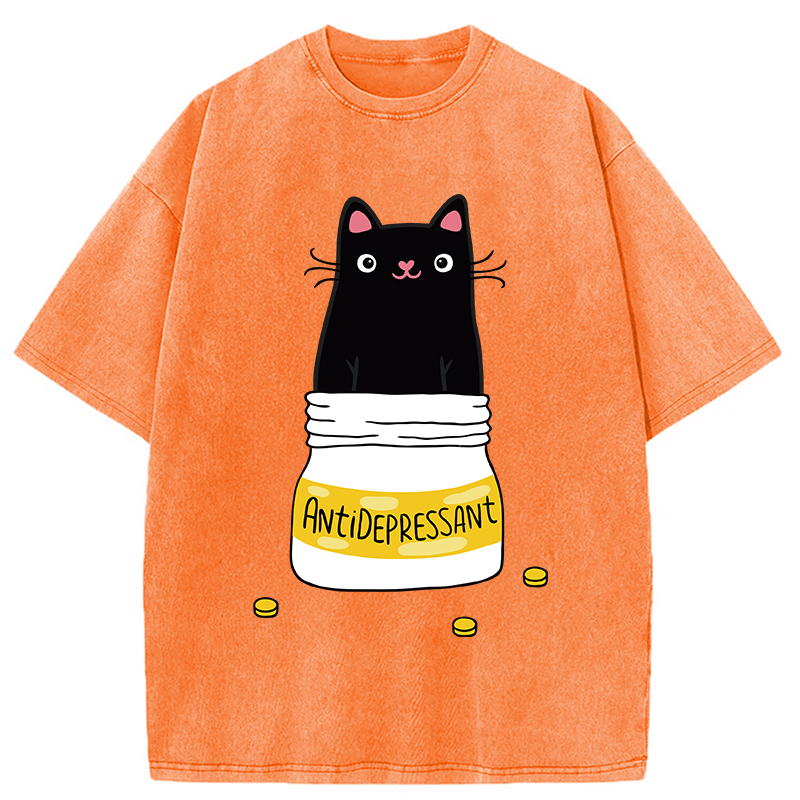 Modecanvas Cute Cat Antidepressant Funny Meme Washed T-Shirt