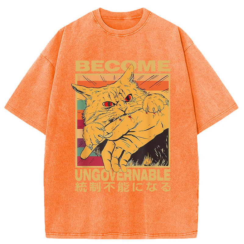 Modecanvas Become Ungovernable Funny Japanese Cat Bite Washed T-Shirt
