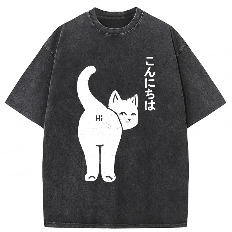 Modecanvas Cat Saying Hi Washed T-Shirt