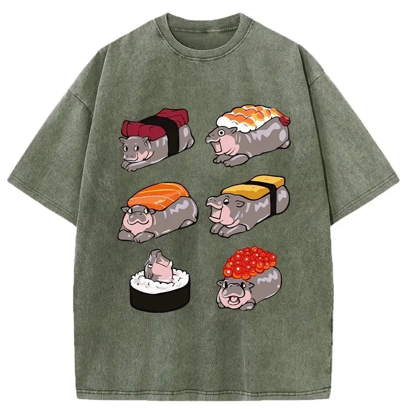 Modecanvas Cute Hippo Sushi Washed T-Shirt