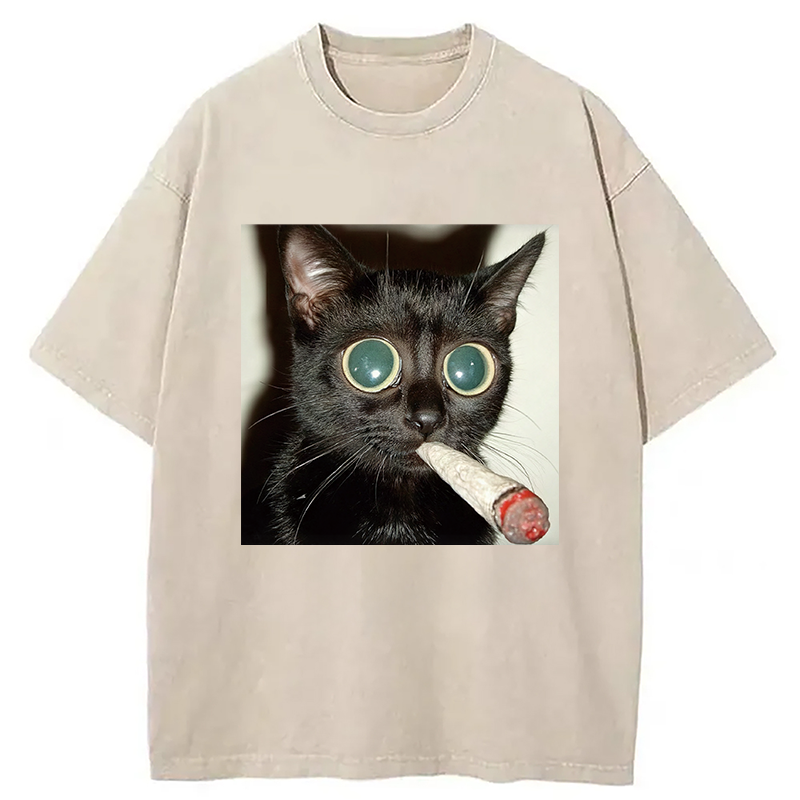 Modecanvas Little Kitten Funny Smoking DTG Printing Washed T-Shirt-modecanvas