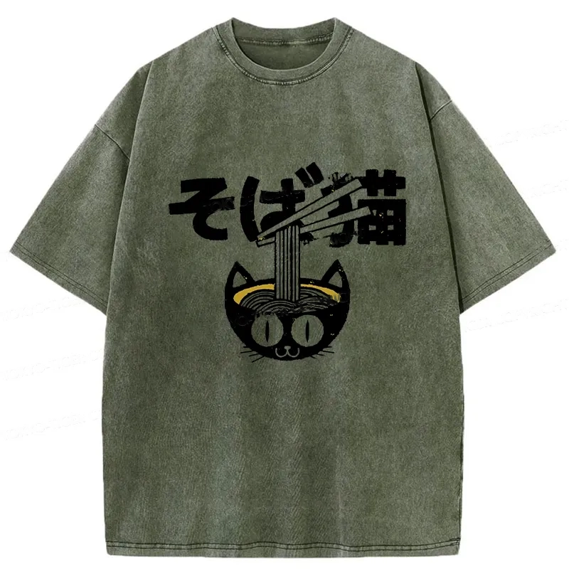 Modecanvas Cat Ramen Bowl Washed T-Shirt