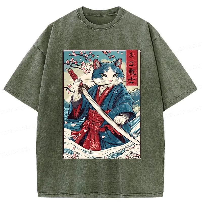 Modecanvas Japanese Cat Samurai Washed T-Shirt
