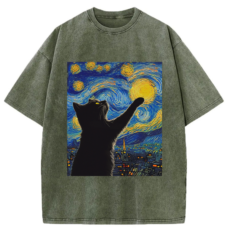Modecanvas Black Cat Touch The Moon Washed T-Shirt