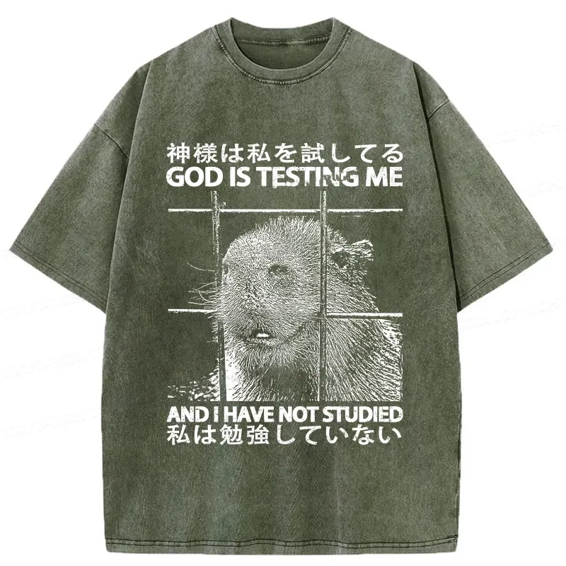 Modecanvas God Is Testing Me Washed T-Shirt-modecanvas