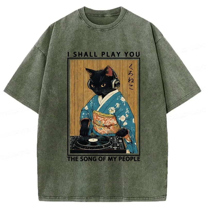 Modecanvas Funny Playing Music Black Cat Washed T-Shirt-modecanvas