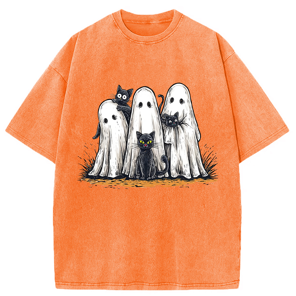 Modecanvas Black Cat Ghost Halloween Washed T-Shirt