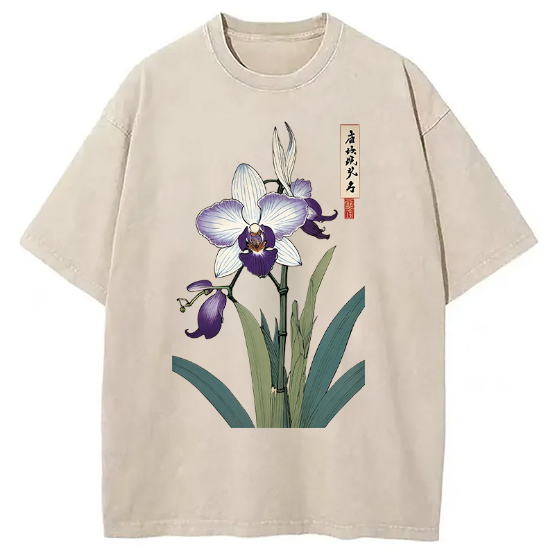 Modecanvas Orchid Ukiyo-e Japanese Washed T-Shirt