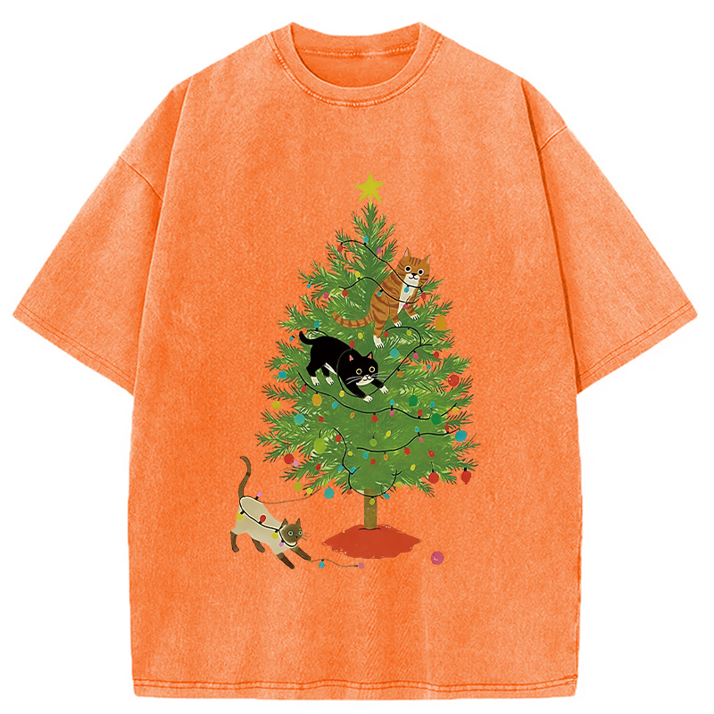 Modecanvas Cats Playing On The Christmas Tree Washed T-Shirt