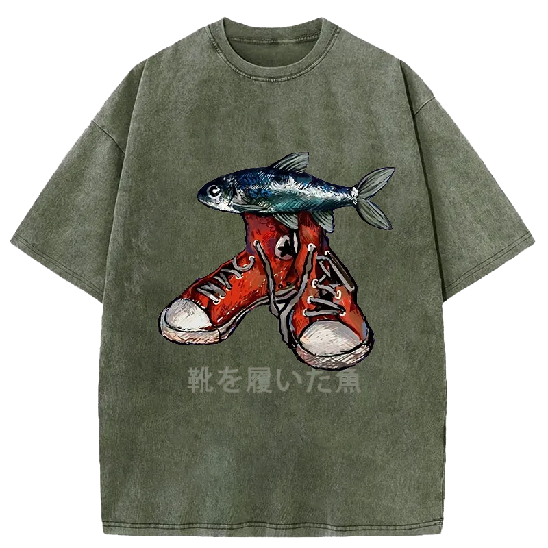 Modecanvas Fish Wearing Shoes Washed T-Shirt