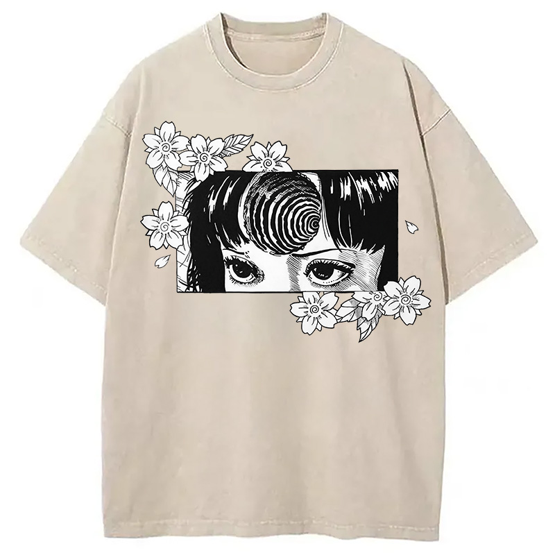 Modecanvas Girl and Flowers DTG Printing Washed T-Shirt-modecanvas