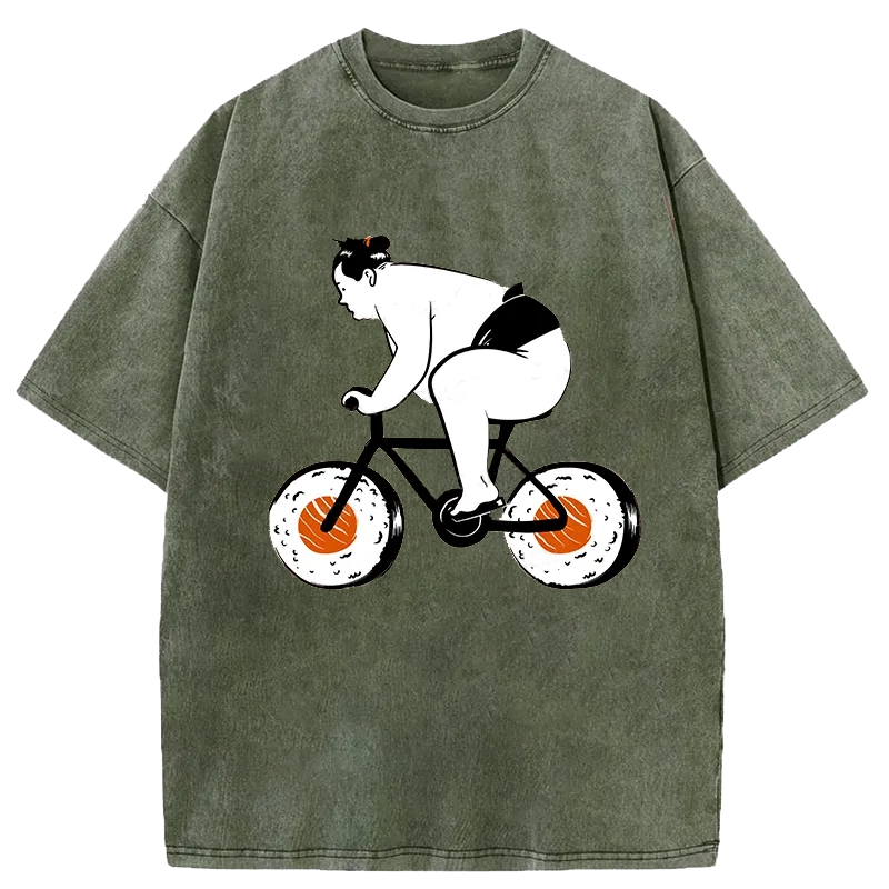 Modecanvas Sumo Riding A Sushi Bike Washed T-Shirt