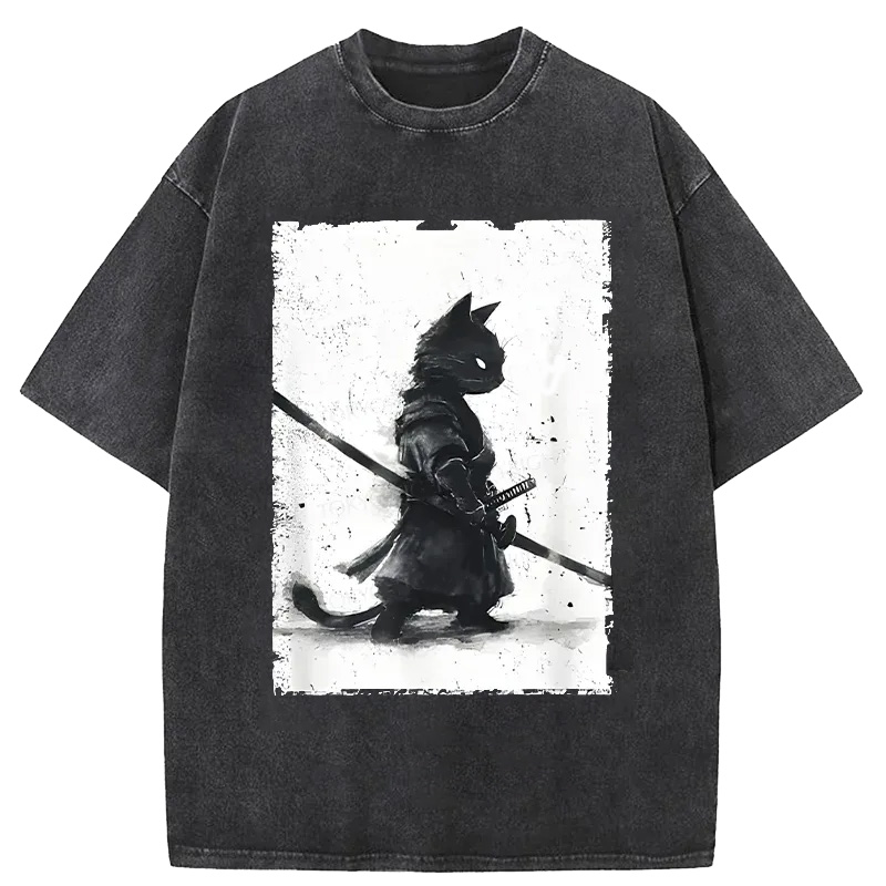 Modecanvas Retro Cat Samurai Japanese Washed T-Shirt-modecanvas