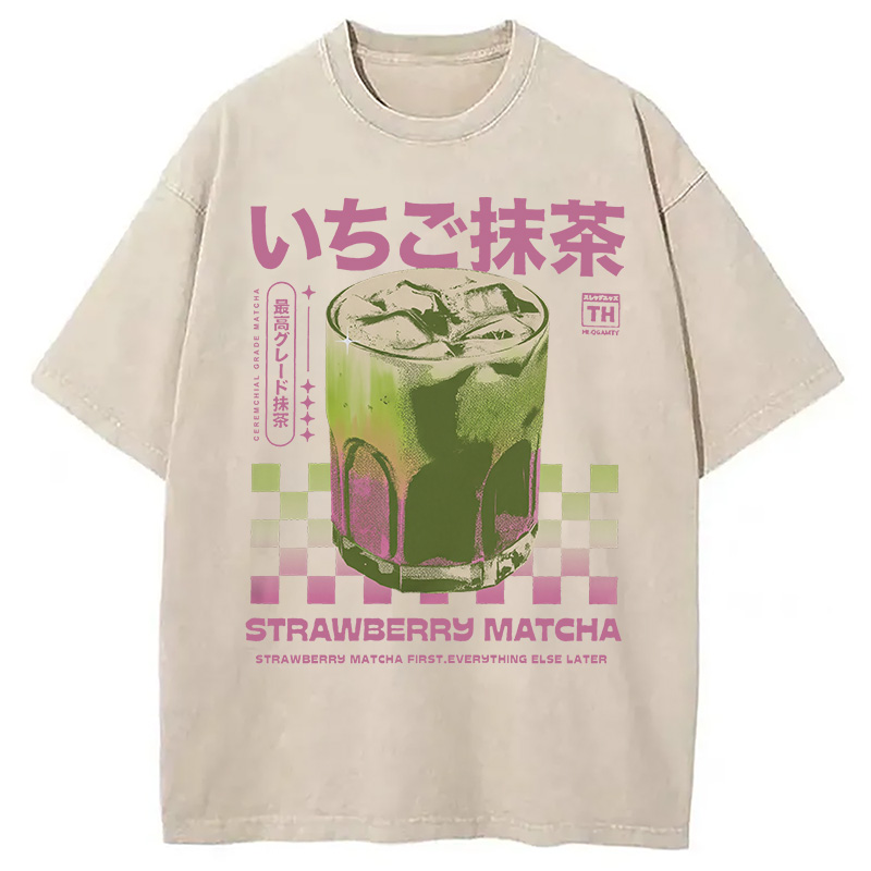 Modecanvas Strawberry Matcha Drink Washed T-Shirt