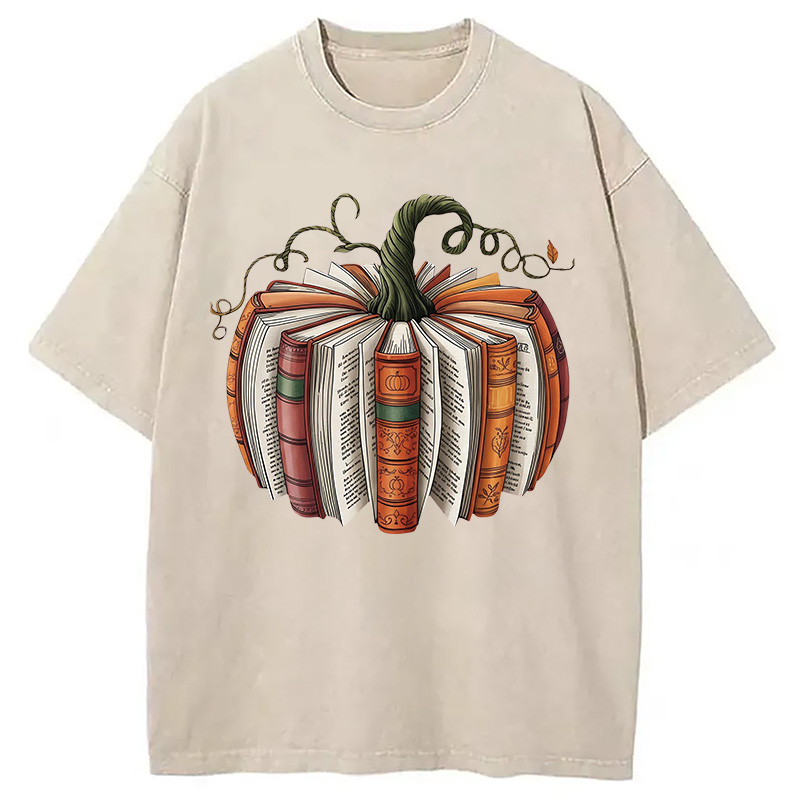Modecanvas Fall Book Pumpkin Halloween Washed T-Shirt