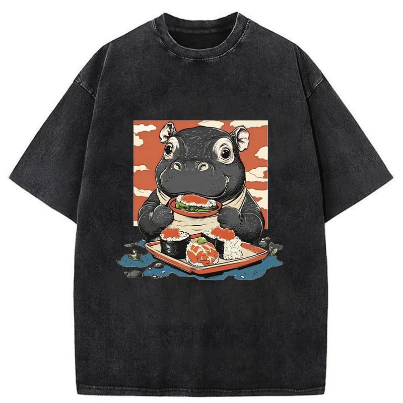 Modecanvas Moo Deng Eat Sushi Washed T-Shirt
