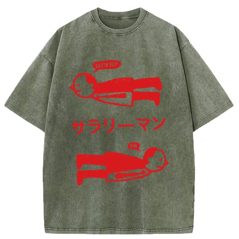Modecanvas Let's Fly Office Worker Washed T-Shirt-modecanvas