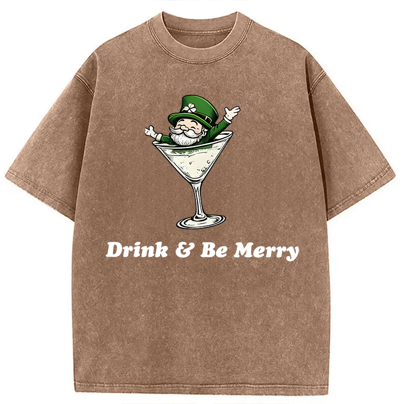 Modecanvas Leprechaun Martini Cocktail Vintage DTG Printing Washed T-Shirt-modecanvas