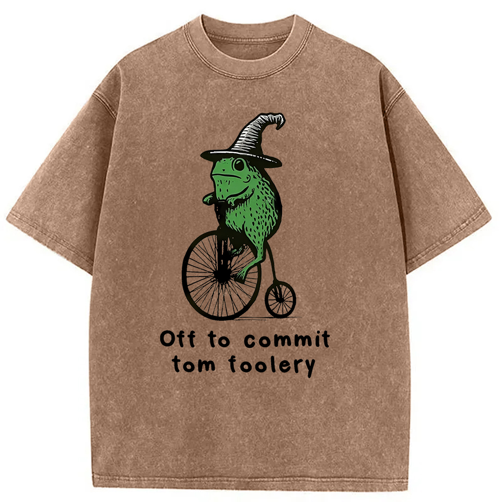 Modecanvas Frog Riding Penny-farthing Washed T-Shirt-modecanvas