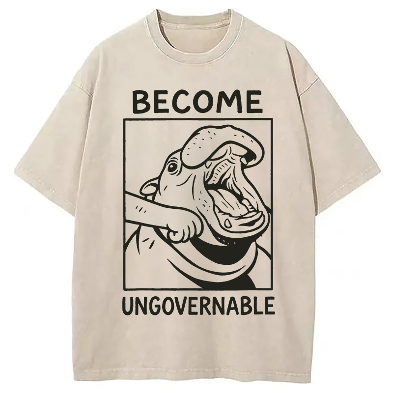 Modecanvas Become Ungovernable Funny Hippo Meme Washed T-Shirt