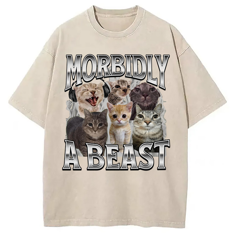 Modecanvas Morbidly A Beast Cat Meme Washed T-Shirt