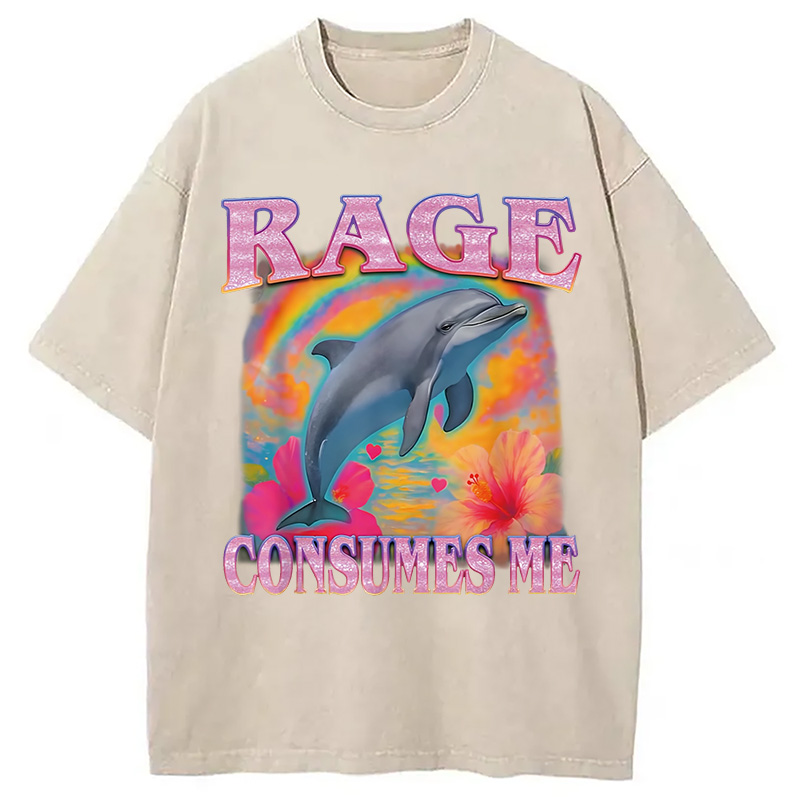 Modecanvas Rage Consumes Me Dolphin Meme Washed T-Shirt