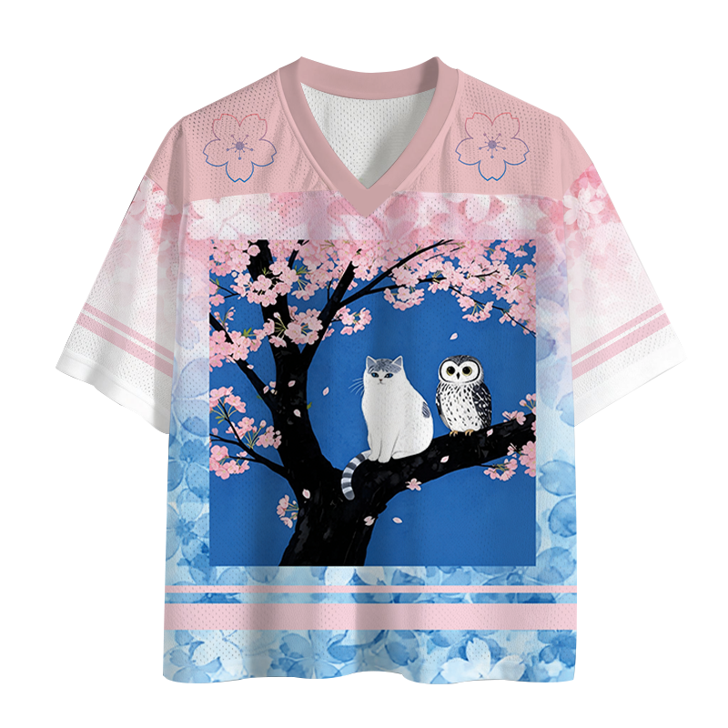 Modecanvas Cat And Owl Under Sakura Mesh Jersey-modecanvas
