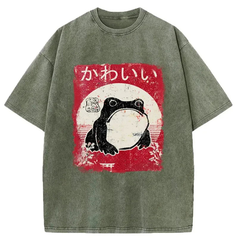 Modecanvas Woodblock Print Grumpy Frog Washed T-Shirt