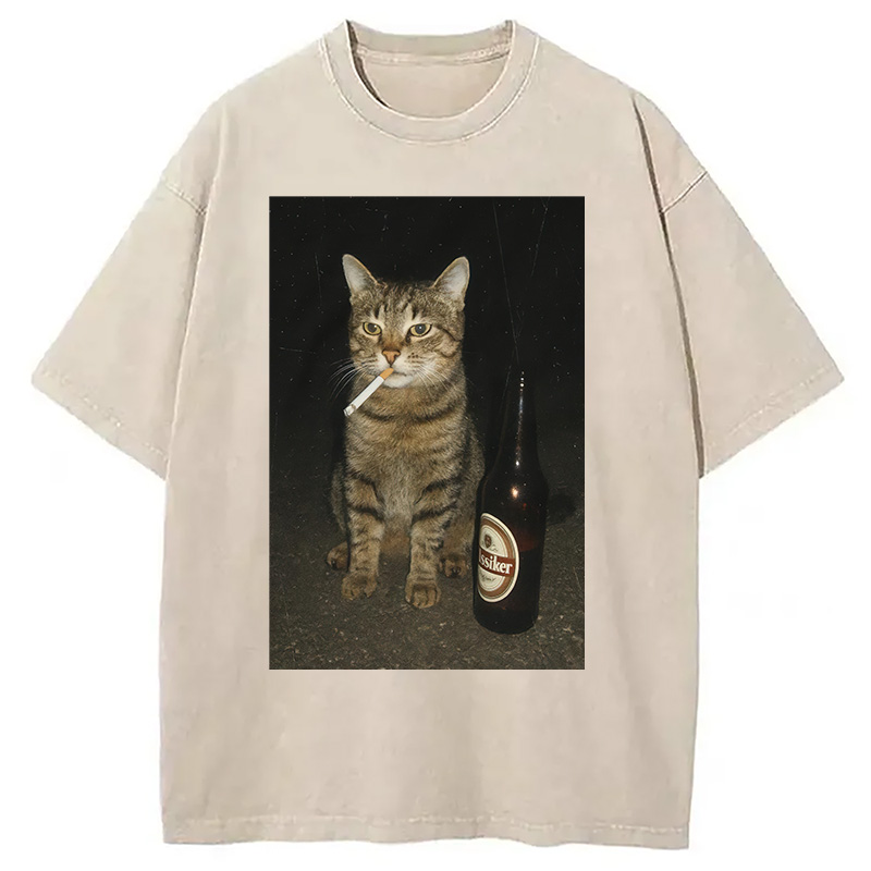 Modecanvas Vintage Cigarette Kitty Meme Washed T-Shirt-modecanvas