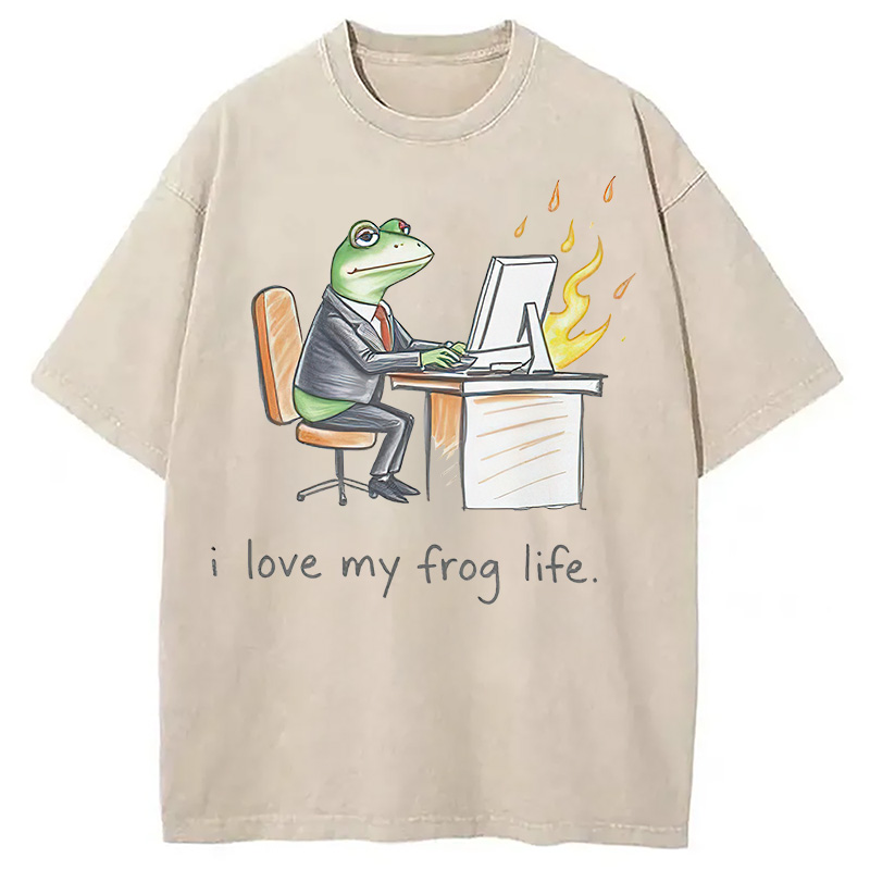 Modecanvas Office Burnout Funny Frog Meme Washed T-Shirt