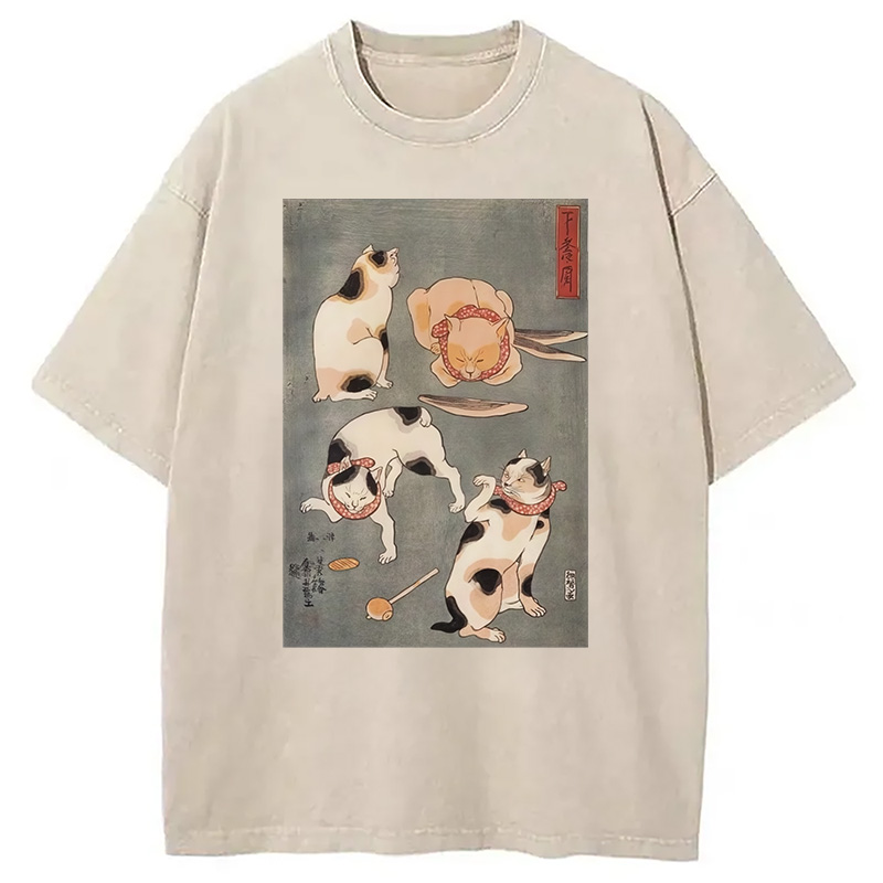 Modecanvas Japanese Four Cats Ukiyo-e Washed T-Shirt