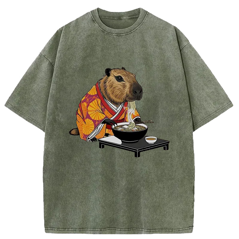 Modecanvas Cute Capybara Eating Ramen Washed T-Shirt