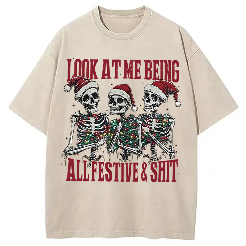 Modecanvas Funny Christmas Skull Washed T-Shirt
