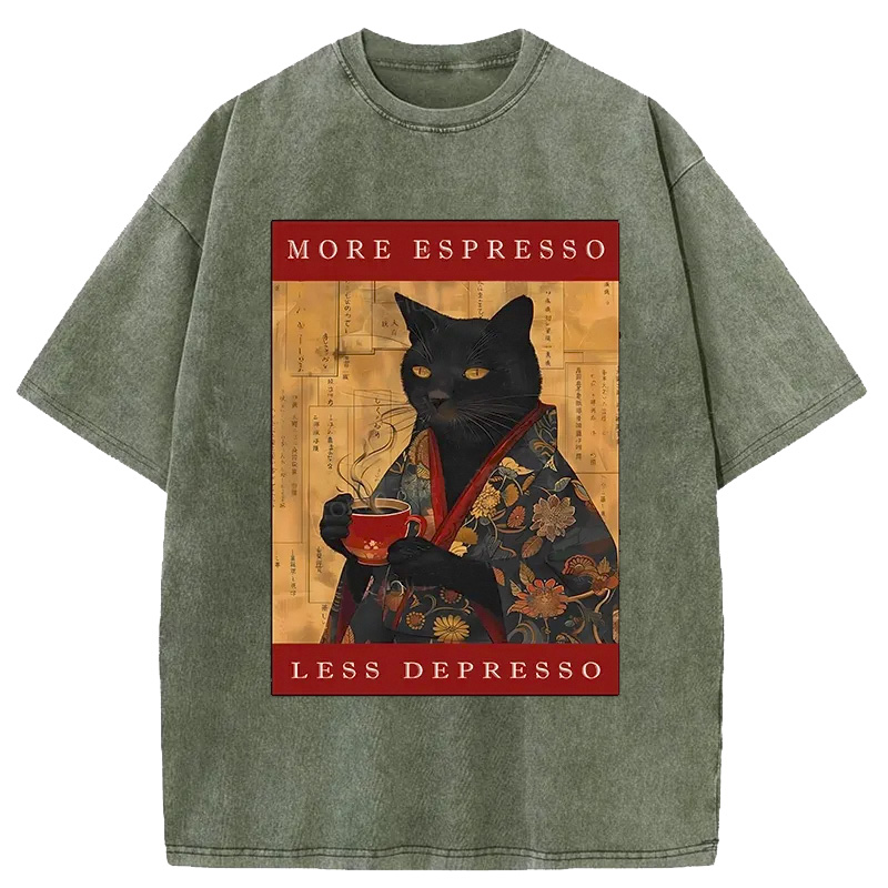 Modecanvas More Espresso Less Depresso Cat Washed T-Shirt