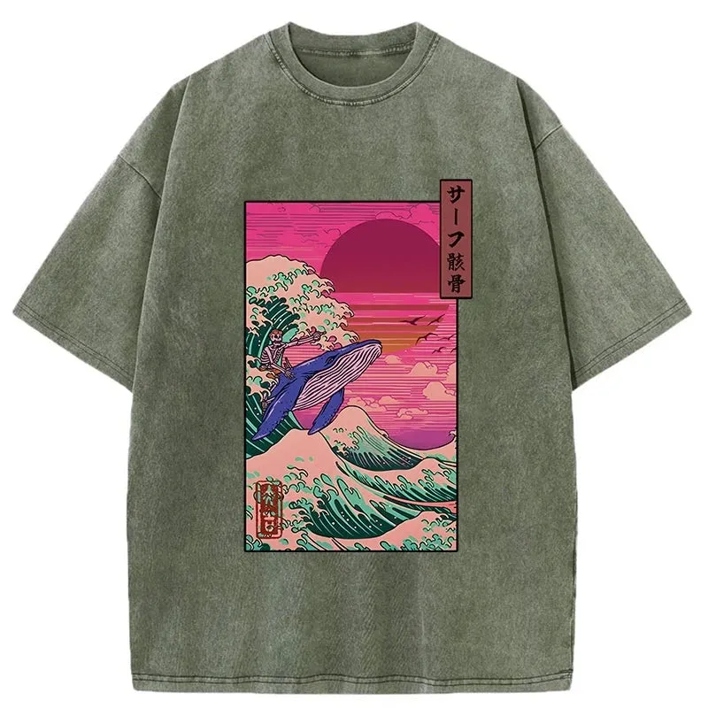 Modecanvas Skeleton Surfing With A Whale Washed T-Shirt