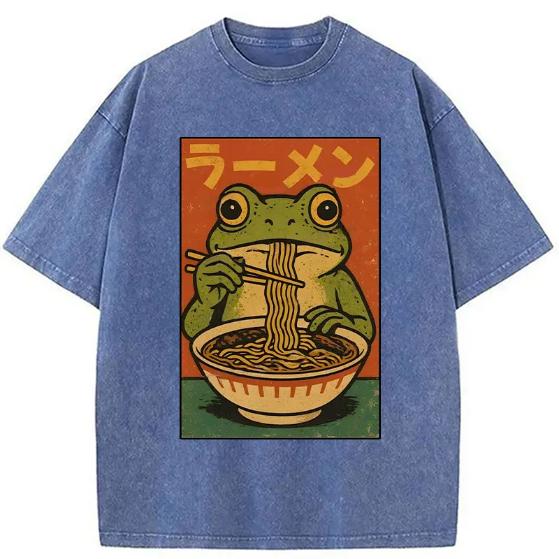 Modecanvas Frog Eating Ramen Retro Washed T-Shirt
