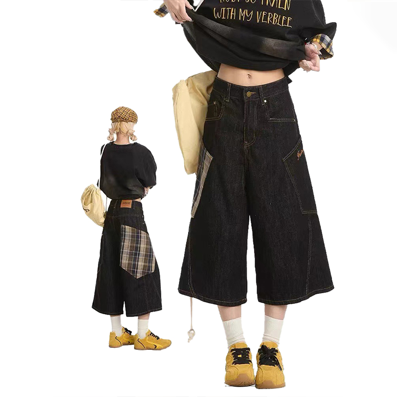 Modecanvas Coffee Plaid Pocket Cropped Jeans