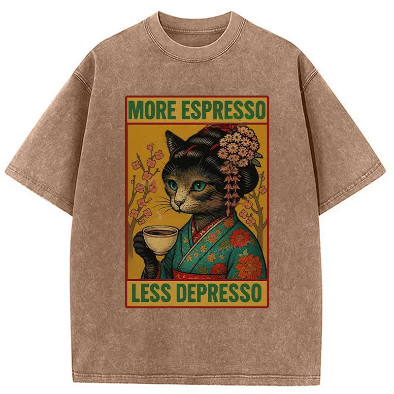 Modecanvas Geisha Cat Drinking Coffee Washed T-Shirt