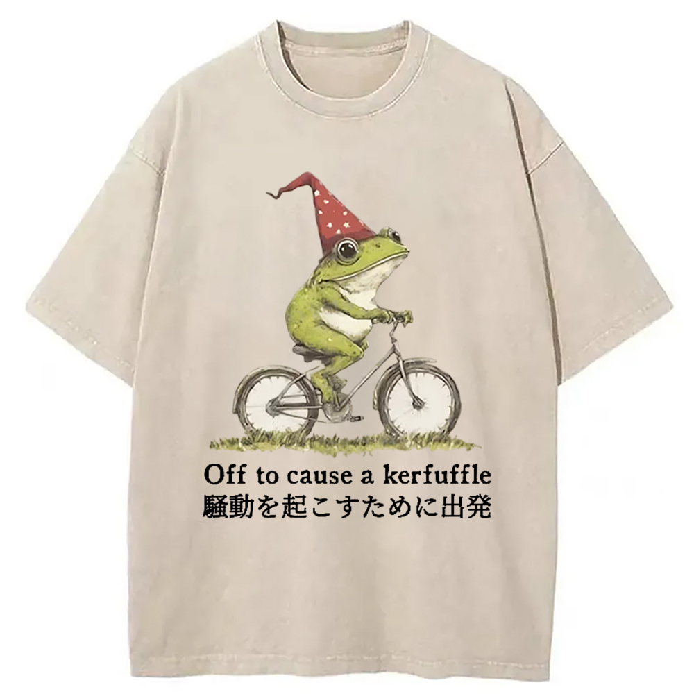 Modecanvas Frog Riding A Bicycle Washed T-Shirt