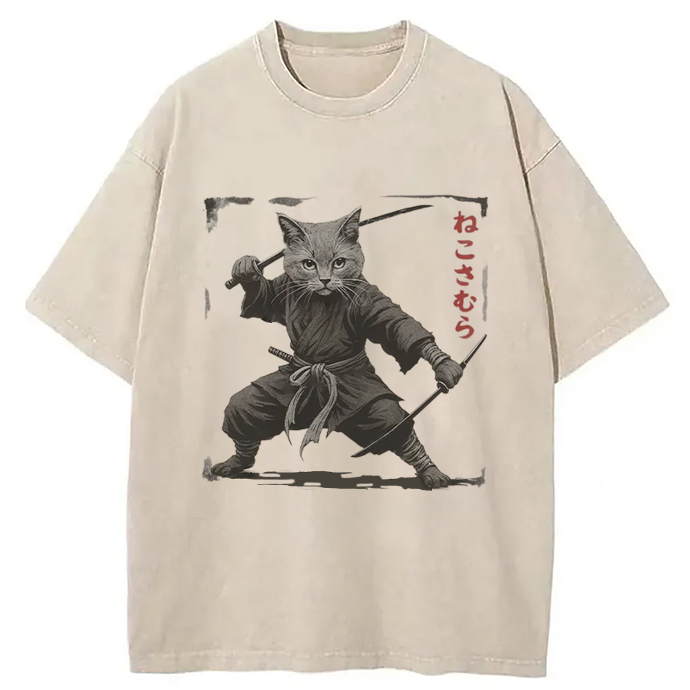 Modecanvas Handsome Cat Samurai Washed T-Shirt