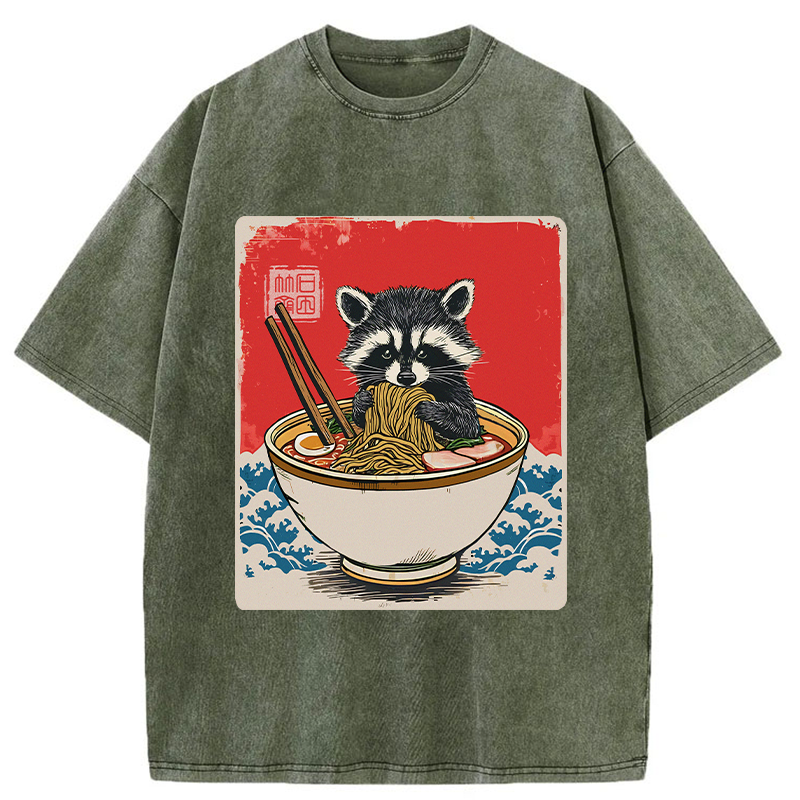 Modecanvas Ramen Lover Raccoon Washed T-Shirt-modecanvas