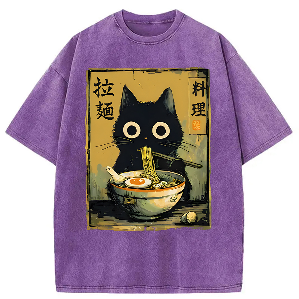 Modecanvas Cute Black Cat Eating Ramen Washed T-Shirt-modecanvas